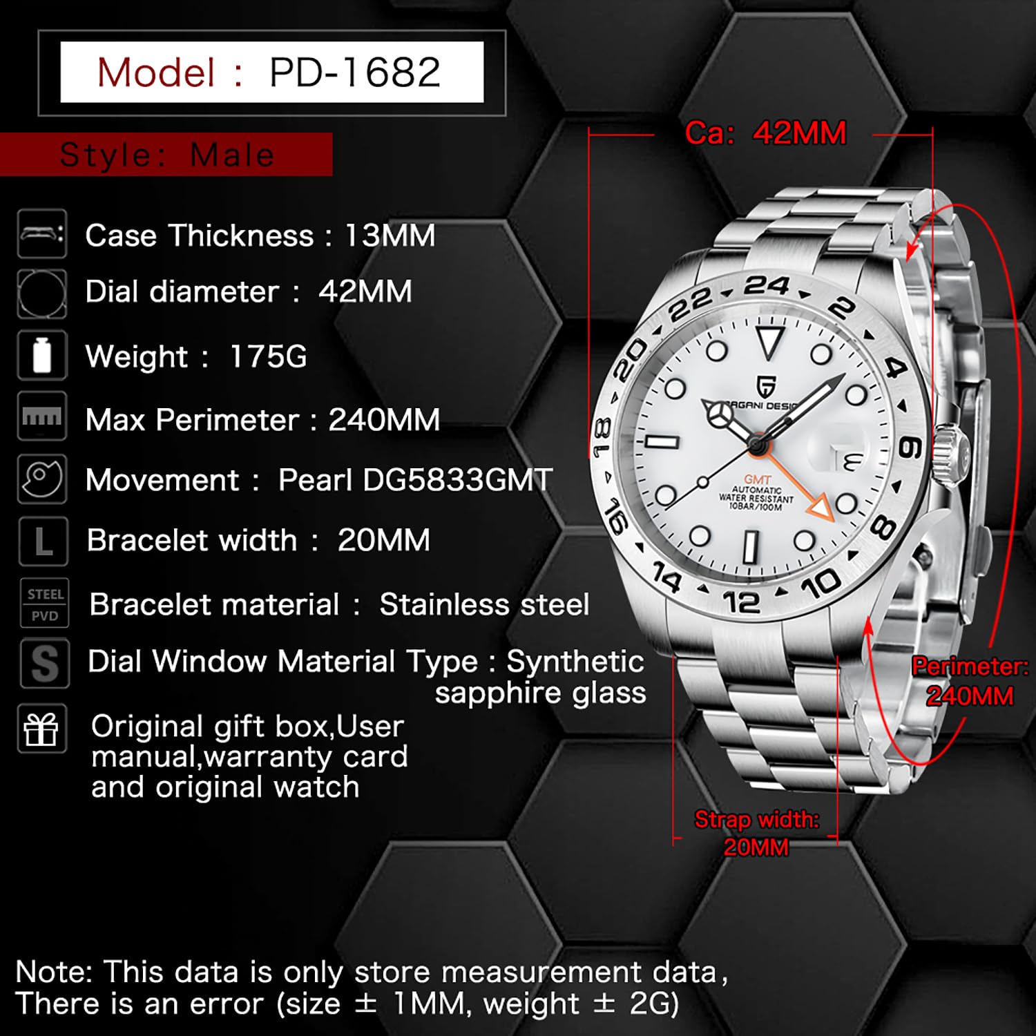 Pagani Design Watches for Men Automatic Mechanical GMT 42mm Sport Waterproof Stainless Steel Sapphire Glass Wrist Watch