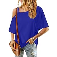 Women's Off Shoulder Tops Oversized Short Sleeve Tshirt Casual Solid Color Strappy Tunic Blouses Sexy Batwing Shirts