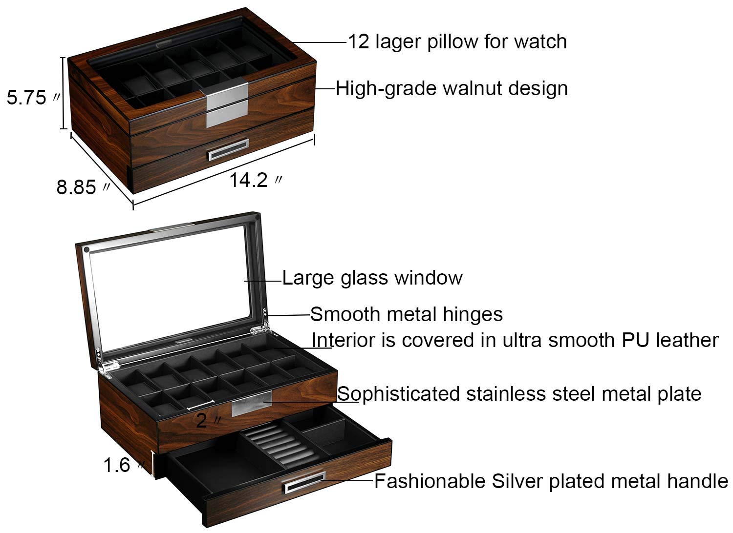 Lifomenz Co Wooden Watch Box for Men Watch Jewelry Box organizer with Valet Drawer,12 Slot Watch Display Case Holder Large Watch,Men Accessories Organizer with Real Glass Window Top