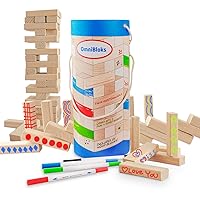 OMNIBLOKS Tumbling Tower Game with 54 Blank Tumbling Blocks, 4 Coloring Markers - Tabletop Wood Block Game Tower Kids Stacking Game - Indoor Party Games - Family Game Night, Kids Games 3+