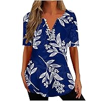 Button Down Shirts for Women Summer Floral Print Flowy Tunic Shirts Short Sleeve Henley V Neck Spring Dressy Blouses