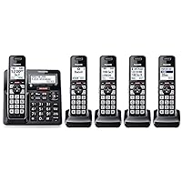 Panasonic Cordless Phone with Advanced Call Block, Link2Cell Bluetooth, One-Ring Scam Alert, and 2-Way Recording with Answering Machine, 5 Handsets - KX-TGF975B (Black with Silver Trim)
