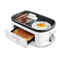 GreenLife 3-in-1 Breakfast Maker Station, Healthy Ceramic Nonstick Dual Griddles for Eggs Meat Sausage Bacon Pancakes and Breakfast Sandwiches, 2 Slice Toast Drawer, Easy-to-use Timer, White