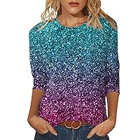 Womens 3/4 Sleeve Sequin Print Tops Summer Crew Neck Sparkle Tshirts Casual Loose Fit Fashion Party Tees Blouses