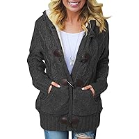 Dokotoo Womens 2023 Winter Hooded Cardigans Button Up Cable Knit Sweater Coat Outerwear with Pockets