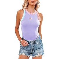 siliteelon Womens Sleeveless Racerback High Neck Casual Basic Ribbed Fitted Tank Top Colorblock Camis