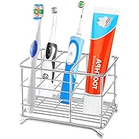 Upgraded Toothbrush Holder，Plating Stainless Steel Rustproof Bathroom Electric Toothbrush Holder Toothpaste Storage Organizer Multi-Functional 6 Slots Stand for Vanity, Cleanser - Silver