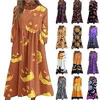 Women's 2023 Fall Long Sleeve Dress Crewneck Casual Loose Pleated Halloween Print Midi Dresses with Pockets