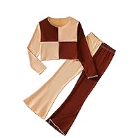 Milumia Girl Two Piece Outfits Color Block Rib Knit Long Sleeve Tee and Flare Pants Set
