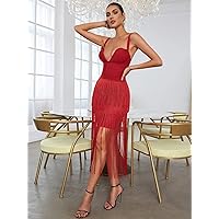 Summer Dresses for Women 2022 Layered Fringe Trim Zip Back Bandage Dress Dresses for Women (Color : Red, Size : X-Small)