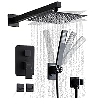 12 Inch Matte Black Shower Faucet Set with Square Rain Shower Head and Handheld Spray, Wall Mounted Rainfall Shower Head with Handheld Combo, Bathroom luxury Shower System with Valve and Trim