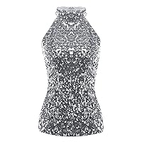 FEESHOW Women's Sequins Turtleneck Summer Embellished Sparkle Vest Tank Tops
