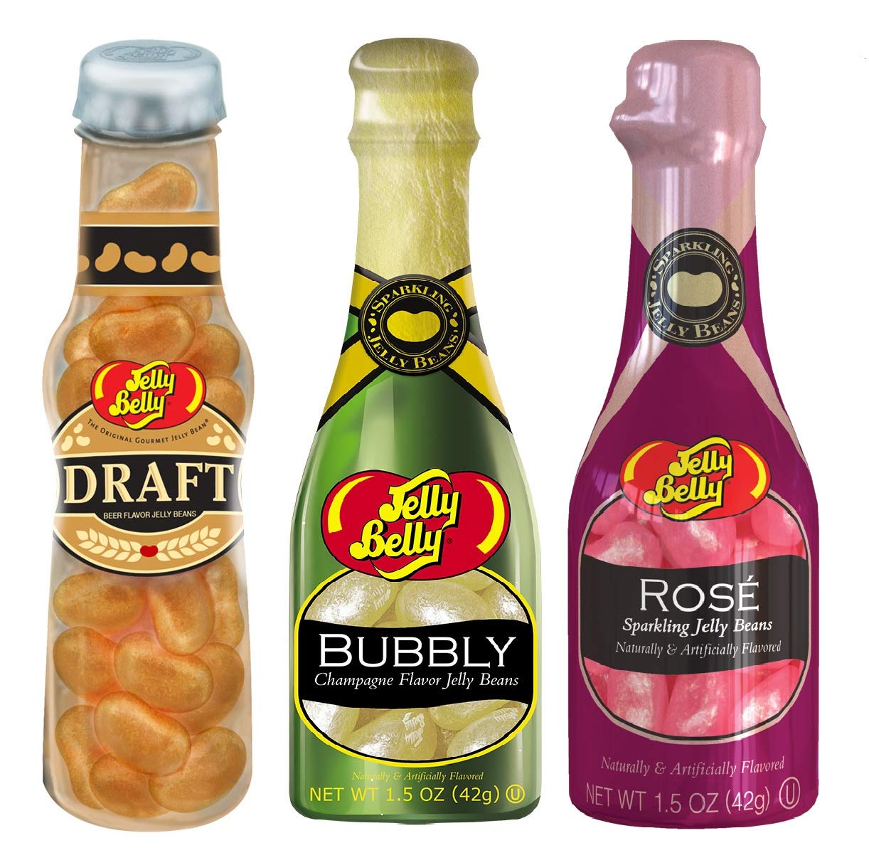 Jelly Bean Cheers 3-Pack of Mini Bottles - Beer, Champage & Rose Wine, 1.5 Oz Each (Great Party Favors or Shower Gifts)