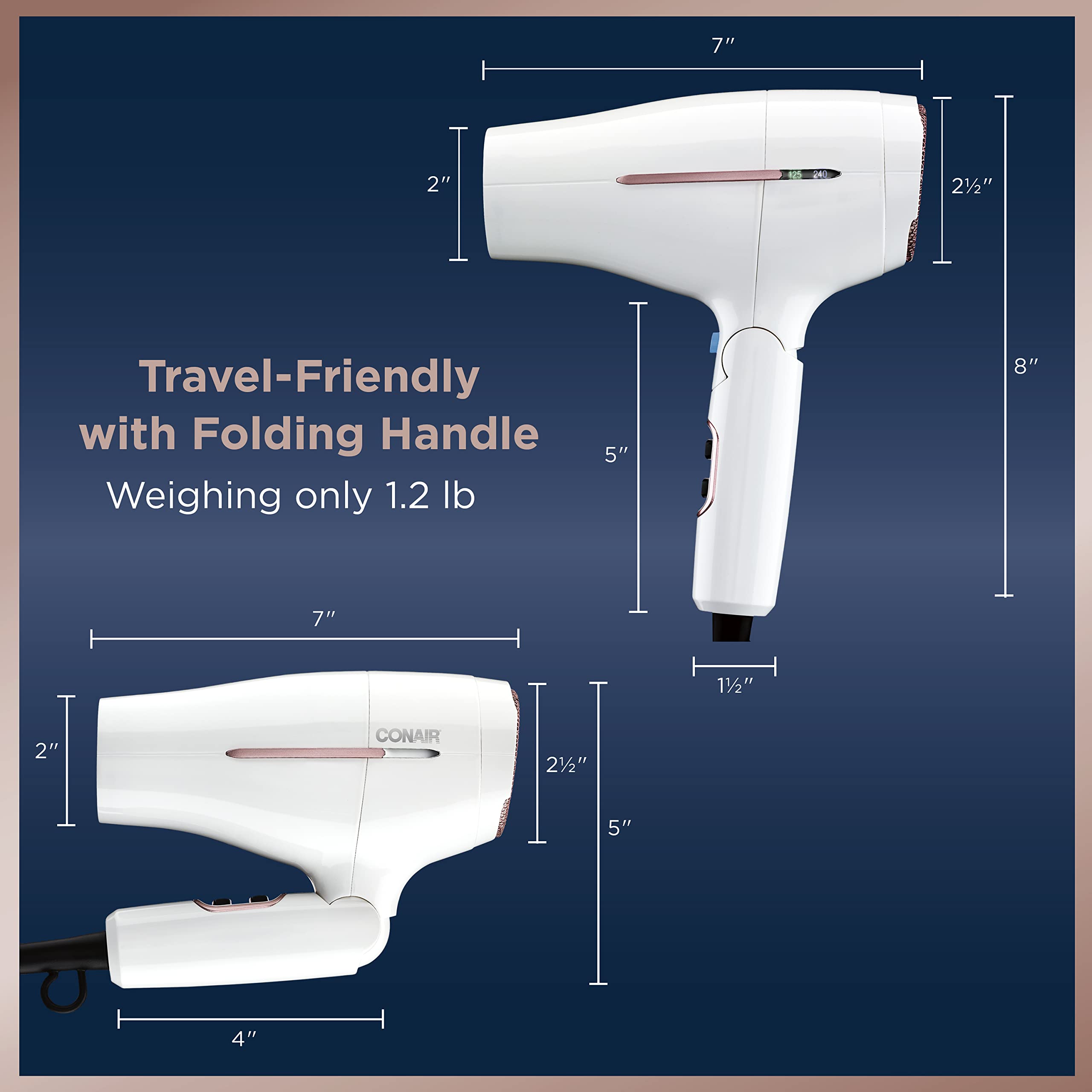 Conair Travel Hair Dryer, 1875W Worldwide Travel Hair Dryer with Smart Voltage Technology and Folding Handle