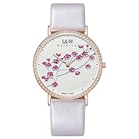 Women's Quartz Watch Extra Flat Case and Plum Pattern White Face Large -359