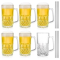 6 Pack 16 Oz Glass Beer Mug, Large Beer Glasses Steins with Handle and Stainless Steel Straws, Crystal Lead-Free Drinking Glasses Water Cups for Beer, Juice, Beverage, Bar