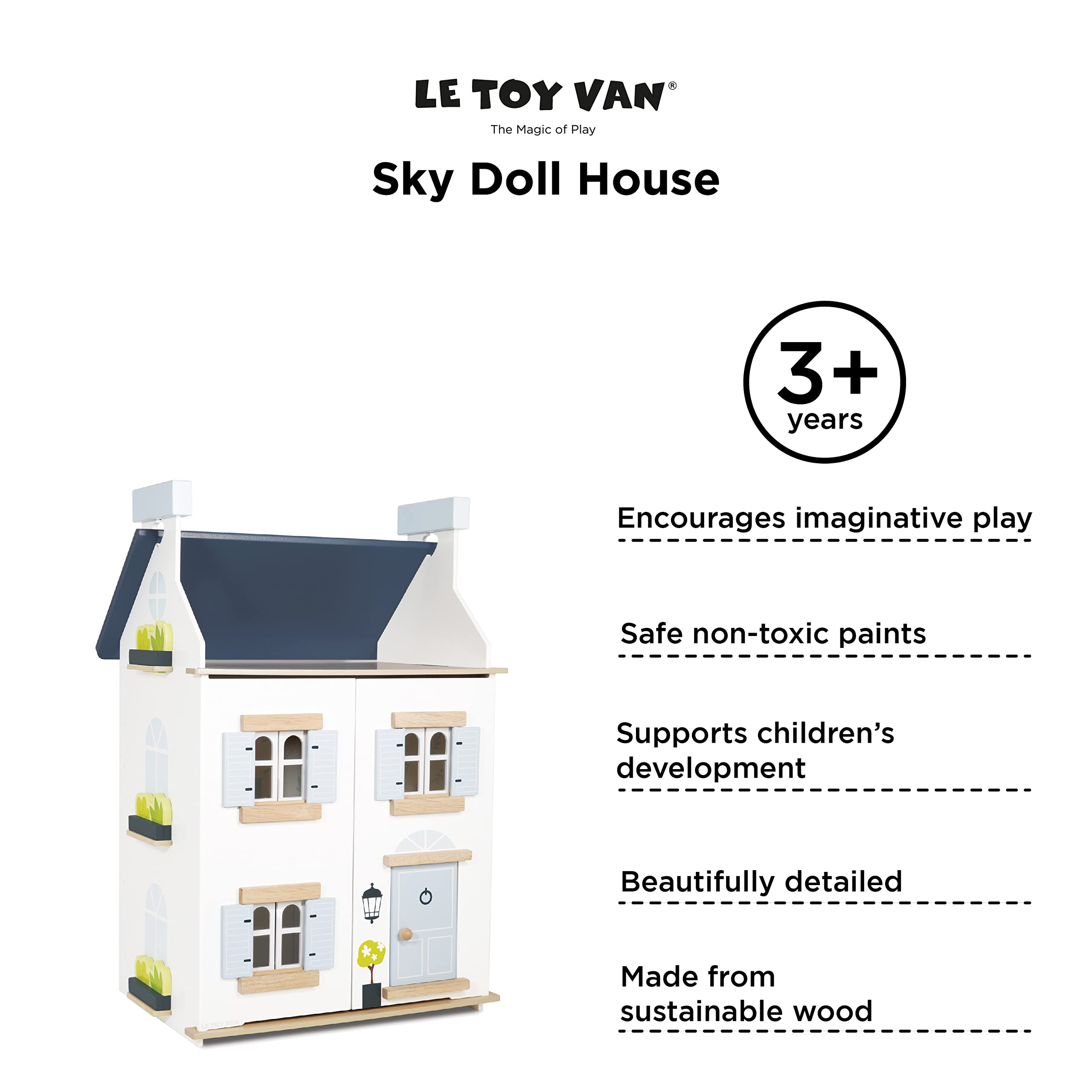 Le Toy Van - Wooden- Sky Doll House - Kids Dream House - 2 Storey with Attic - Fill with Dollhouse Accessories - Suitable for Ages 3+