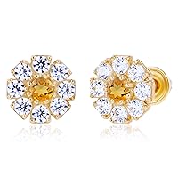 Solid 14K Gold 6mm Flower Natural Birthstone Screwback Earrings For Women | 2mm Birthstone | 1.5mm Round Pave Created White Sapphire Gemstone Flower Screwback Earrings For Women and Girls