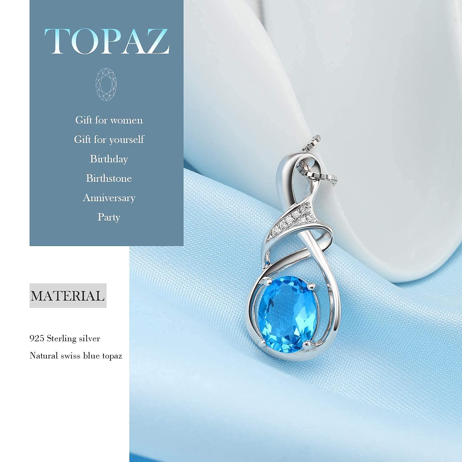 HXZZ Fine Jewelry Natural Gemstone Swiss Blue Topaz Amethyst Citrine Peridot Opal Sterling Silver Pendant Necklace Gifts for Women
