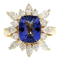 4.36 Carat Natural Blue Tanzanite and Diamond (F-G Color, VS1-VS2 Clarity) 14K Yellow Gold Luxury Cocktail Ring for Women Exclusively Handcrafted in USA