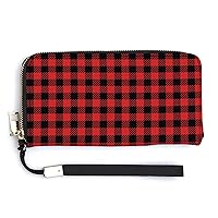 Buffalo Plaid Red Checkered Women’s Long Wallet PU Clutch Purse with Wristlet Strap Zipper Mini Handbag