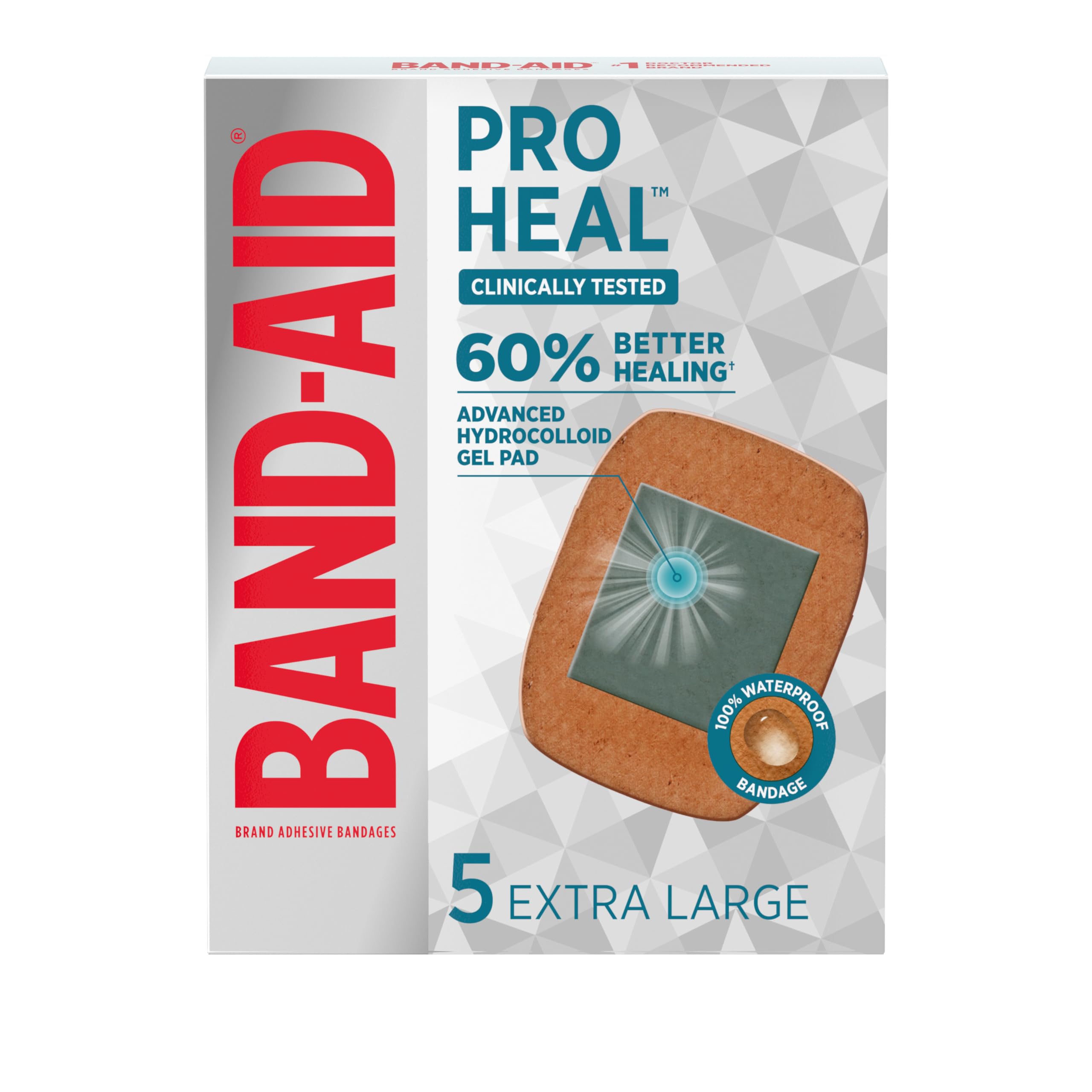 Band-Aid Brand Pro Heal Adhesive Bandages with Hydrocolloid Gel Pads, Extra Large Clinically Tested Waterproof Bandages for Better Healing of Minor Wounds, Sterile First Aid Bandages, 5 ct