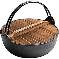 Japanese Cast Iron Sukiyaki Pot Single Handle Nonstick Shabu Hot Pot Home Kitchen Cookware with Wooden Lid for Induction Cooker, 29cmSauce Pot