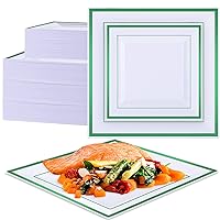 Yinder 150 Pcs Square Plastic Plates with Green Rim, 75 Guests Disposable Plates Party Plastic Dinnerware Set for Dinner Salad Wedding Graduation Party Supplies