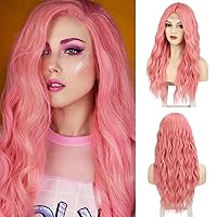 Pink Wig Long Wavy Wigs for Women 24 Inch Curly Pastel Pink Synthetic Wig Light Pink Colorful Wig for Daily Cosplay Party Halloween Costume Use