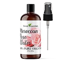 Premium Organic Moroccan Rose Water - 8oz w/Sprayer - Imported from Morocco - 100% Pure (Food Grade) No Oils or Alcohol. Perfect for Reviving, Hydrating & Rejuvenating Your Face & Neck