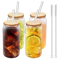 4 Set Glass Cups with Bamboo Lids and Straws, 20oz Can Shaped Drinking Beer Glasses, Iced Coffee Cups, Cute Tumbler with 2 Cleaning Brushes, Ideal for Bubble Tea, smoothie, Juice
