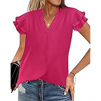 Womens Summer Tops Dressy Casual Work Blouses V Neck Ruffle Short Sleeve Shirts Tunics 2024