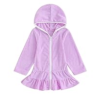 Toddler Girl Swim Cover Up Dress Long/Short Sleeve Zip Up Hooded Towel Terry Swimsuit Bathrobe Robe Pool Beachwear