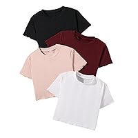 Milumia Girl's 3 Pack Short Sleeve Lettuce Trim Rib Knit Tee Shirt Solid Crop Tops