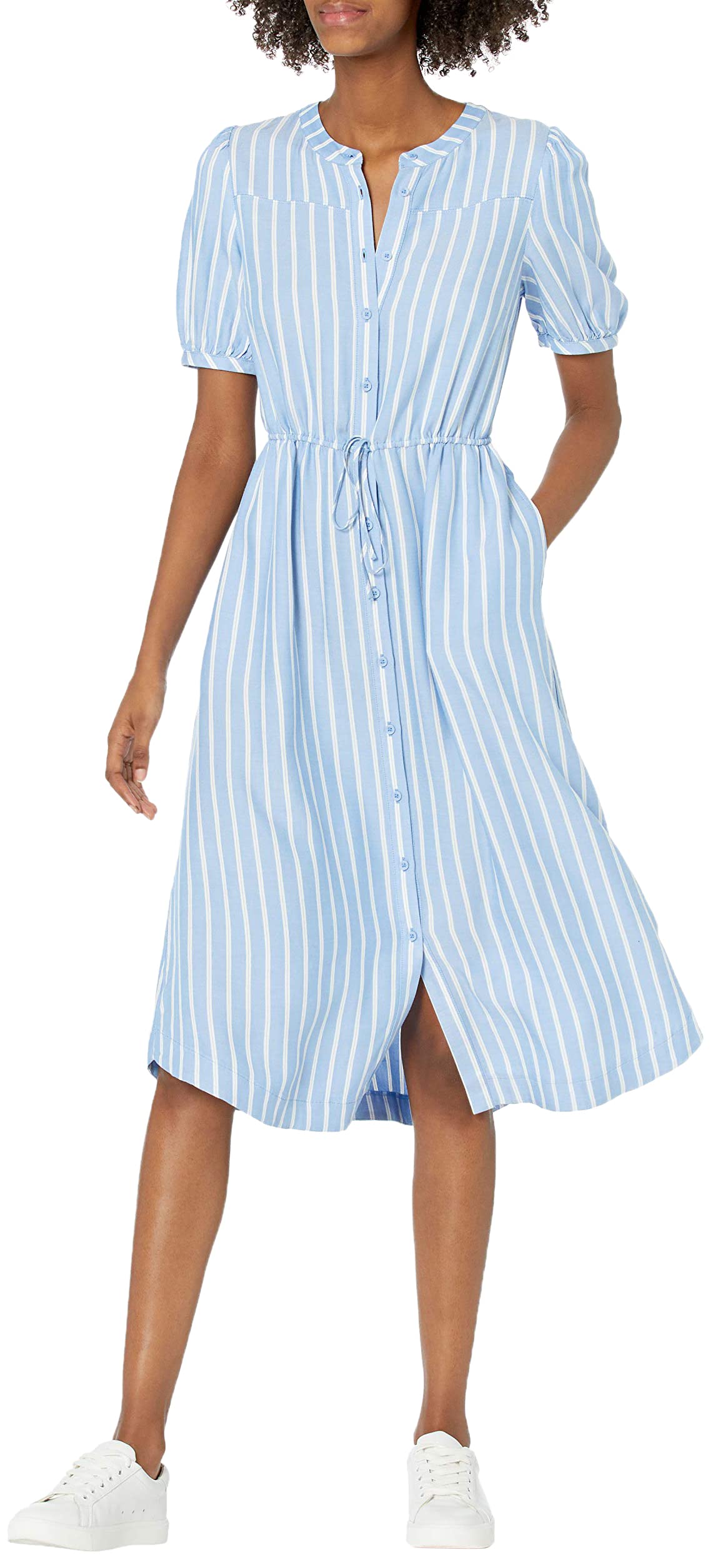 Amazon Essentials Women's Half-Sleeve Waisted Midi A-Line Dress, Blue/White, French Stripe, Large