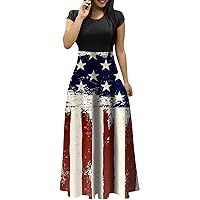 4th of July Dress for Women American Flag Print Elegant A Line with Short Sleeve Round Neck Tunic Maxi Dresses