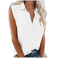Women's Eyelet Embroidery Tank Tops Summer Button Down Sleeveless Lapel Hollow T-Shirts Casual Loose Dressy Vests