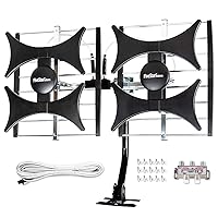 Five Star Multi-Directional 4V HDTV Antenna - up to 200 Mile Range, UHF/VHF, Indoor, Attic, Outdoor, 4K Ready 1080P FM Radio, Supports 4 TVs Plus Installation Kit and Mounting Pole
