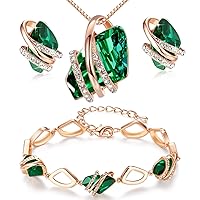 Leafael Wish Stone Necklace, Stud Earrings, and Bracelet Jewelry Set for Women, May Birthstone Emerald Green Crystal Jewelry, Silver Tone Gifts for Women