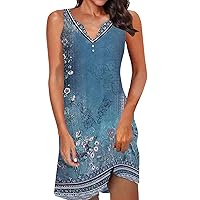 Womens Summer Dress 2024 Casual Button Down V Neck Sleeveless Fashion Boho Floral Beach Dress Sundress A-Line Dress