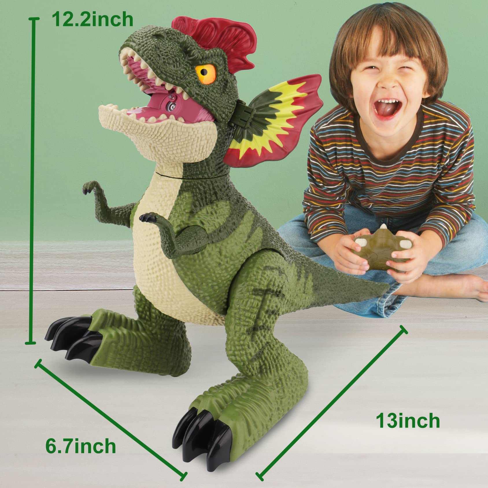 IQKidz RC Dinosaur Kids Toys Robot-Remote Control Electronic Realistic Walking Dino Gifts for Boy Girl Ages 3-5 4-8 and Up, 360° Rotate Interactive Toy with Light Roaring Spray & Touch Sensing