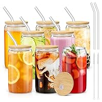 sungwoo Glass Cups with Bamboo Lids and Straws, 16OZ Ice Coffee Cup, Drinking Cup set with Wooden Lids, Home Essential Glass Tumblers for Beer, Cocktail, Tea and Latte Clear 4 Pack (8)