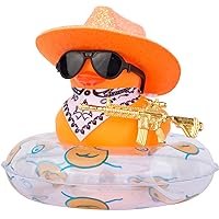 Cowboy Rubber Duck Car Dashboard Ornament Accessories with Mini Glitter Cowboy Hat Swim Ring Scarf, Cool Prop and Sunglasses(Hb13)