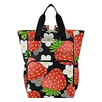 Black Strawberry Diaper Bag Backpack for Baby Girl Boy Large Capacity Baby Changing Totes with Three Pockets Multifunction Travel Diaper Bag for Playing Shopping Travelling