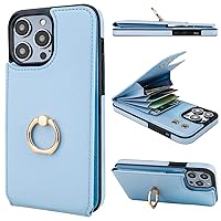 Folosu Compatible with iPhone 14 Pro Max Case Wallet with Card Holder, 360°Rotation Finger Ring Holder Kickstand, RFID Blocking Leather Protective Double Buttons Shockproof Cover 6.7 Inch Blue