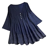 3/4 Sleeve Babydoll Shirts Women V Neck Pleated Tunic Tops for Leggings Sexy Classy Crochet Hem Blouses Tshirt