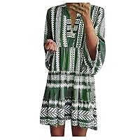 Long Sleeve White Dress, Women Boho Retro Graphic Printed Loose Dress V-Neck Mini Red for Short Floral Dress Fall Womens Outfit Modest Dress Women's Outfit Dresses Outfit (L, Green)