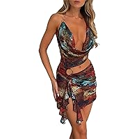 Women Sexy Cut Out Mini Dress Tie Dye Halter Neck Ruffle Short Dresses Bodycon Plunge Neck Beach Sundress