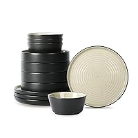 Stone Lain Elica 12-Piece Dinnerware Set Stoneware, Plates and Bowl Set, Beige and Black
