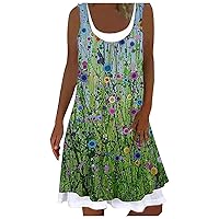 Women's Bohemian Round Neck Glamorous Casual Loose-Fitting Summer Beach Flowy Dress Sleeveless Knee Length Print Swing Green